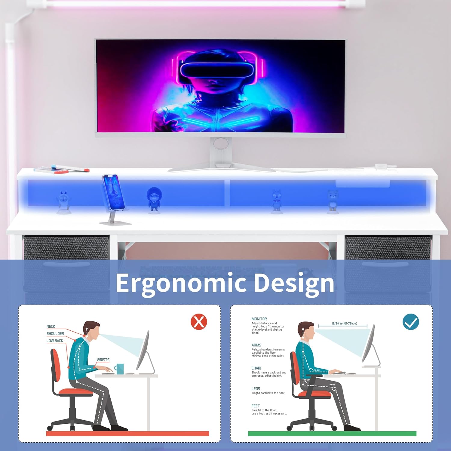 CDC Nova™ Desk – LED Gaming Table with Keyboard Tray & Storage Drawers