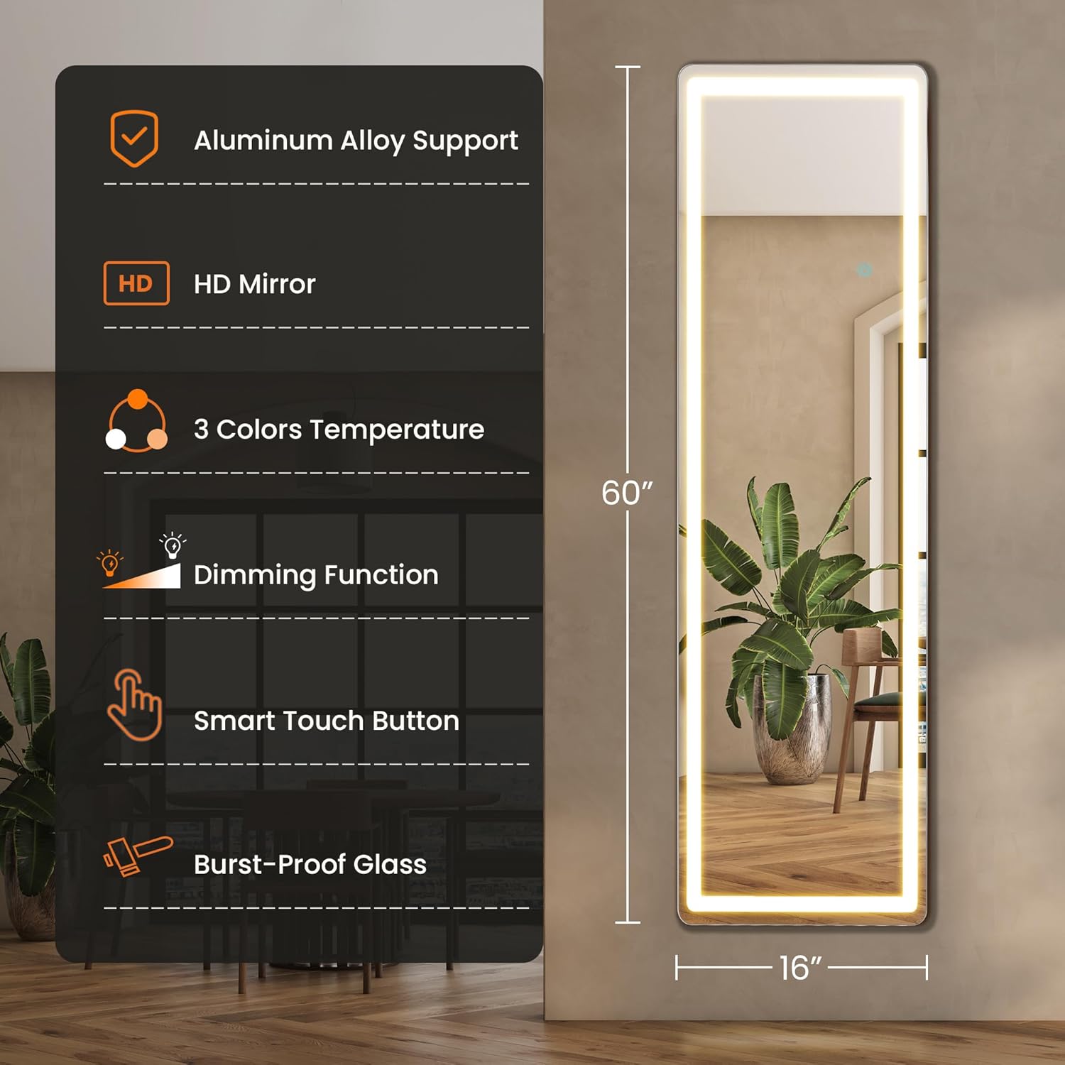 LED Rectangle HD Nano Glass Mirror with Stand - 3 Color Shades