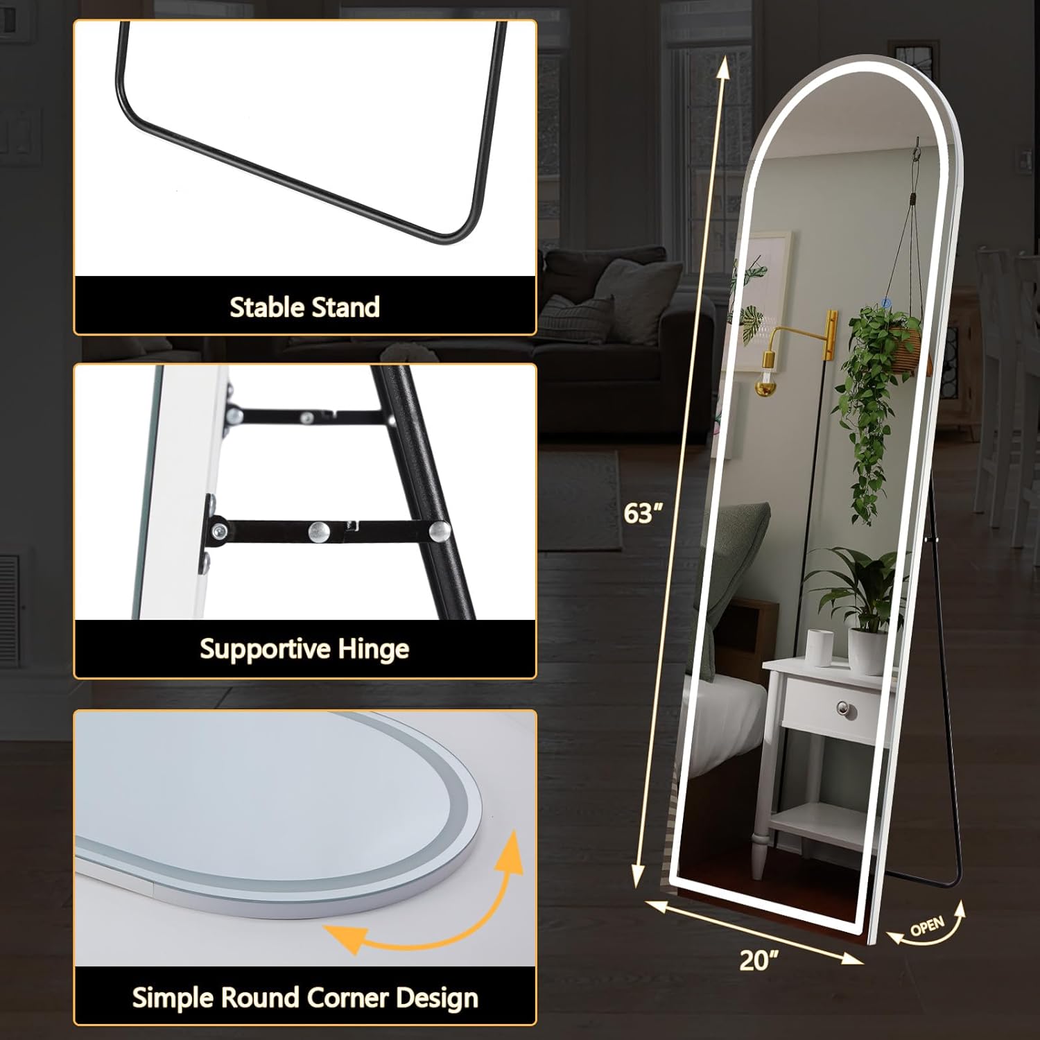 LED Arched HD Nano Glass Mirror with Stand - 3 Color Shades
