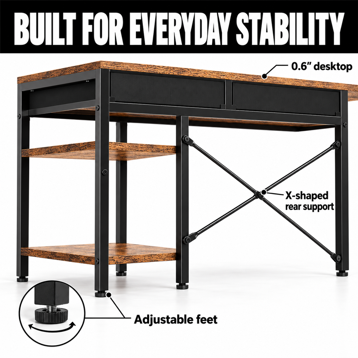 CDC StowStation™ – 55" Computer Desk with 6 Fabric Drawers &amp; Adjustable Shelves