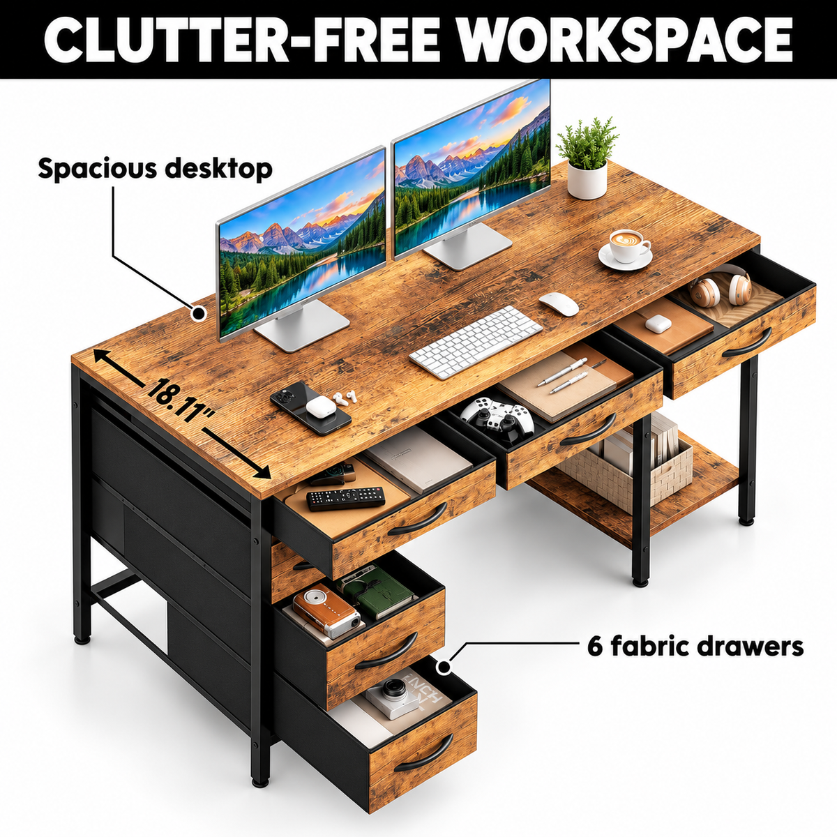 CDC StowStation™ – 55" Computer Desk with 6 Fabric Drawers &amp; Adjustable Shelves