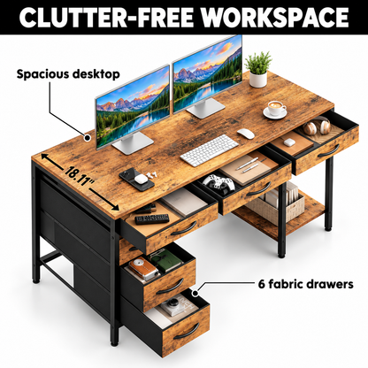 CDC StowStation™ – 55" Computer Desk with 6 Fabric Drawers &amp; Adjustable Shelves