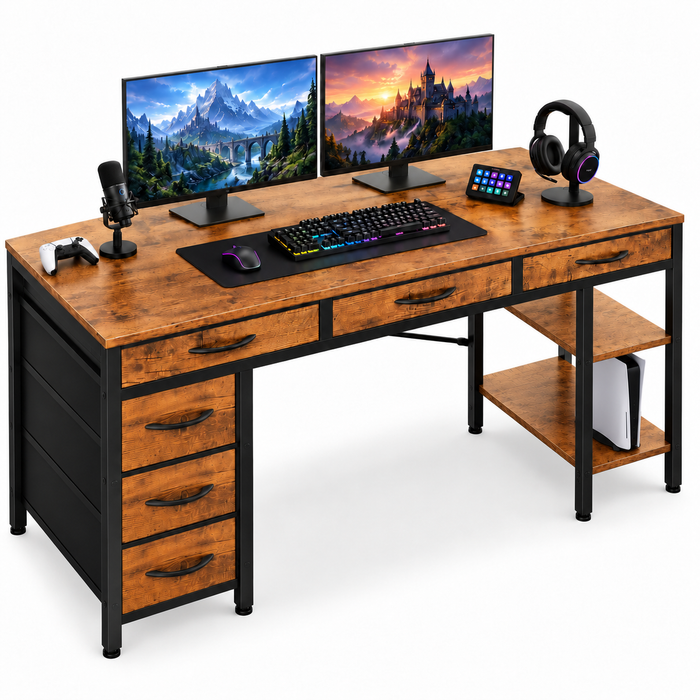 CDC StowStation™ – 55" Computer Desk with 6 Fabric Drawers & Adjustable Shelves