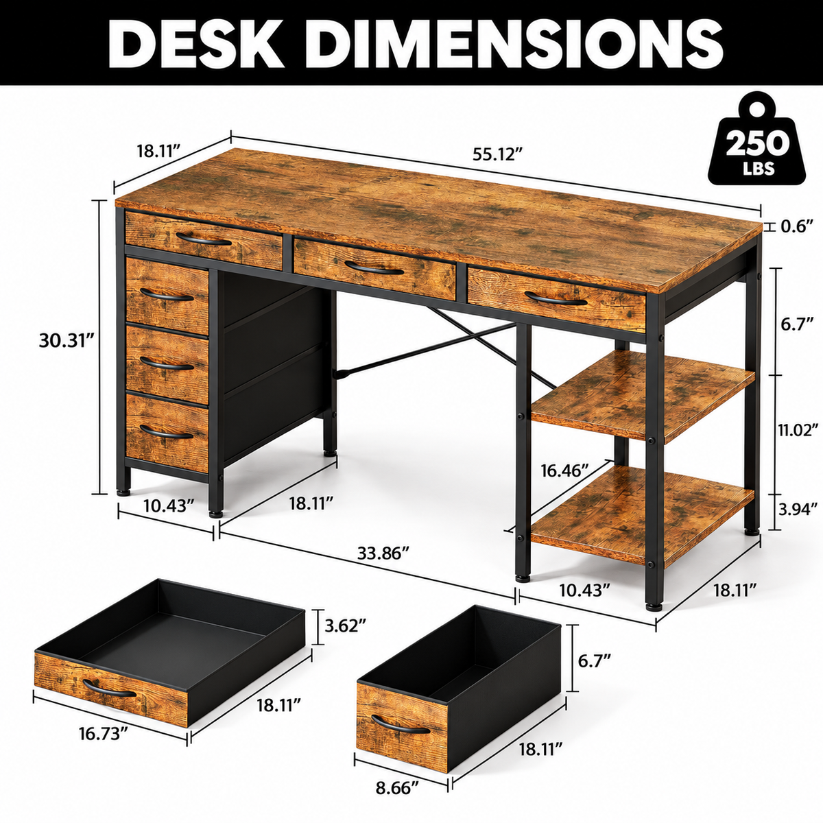 CDC StowStation™ – 55" Computer Desk with 6 Fabric Drawers &amp; Adjustable Shelves