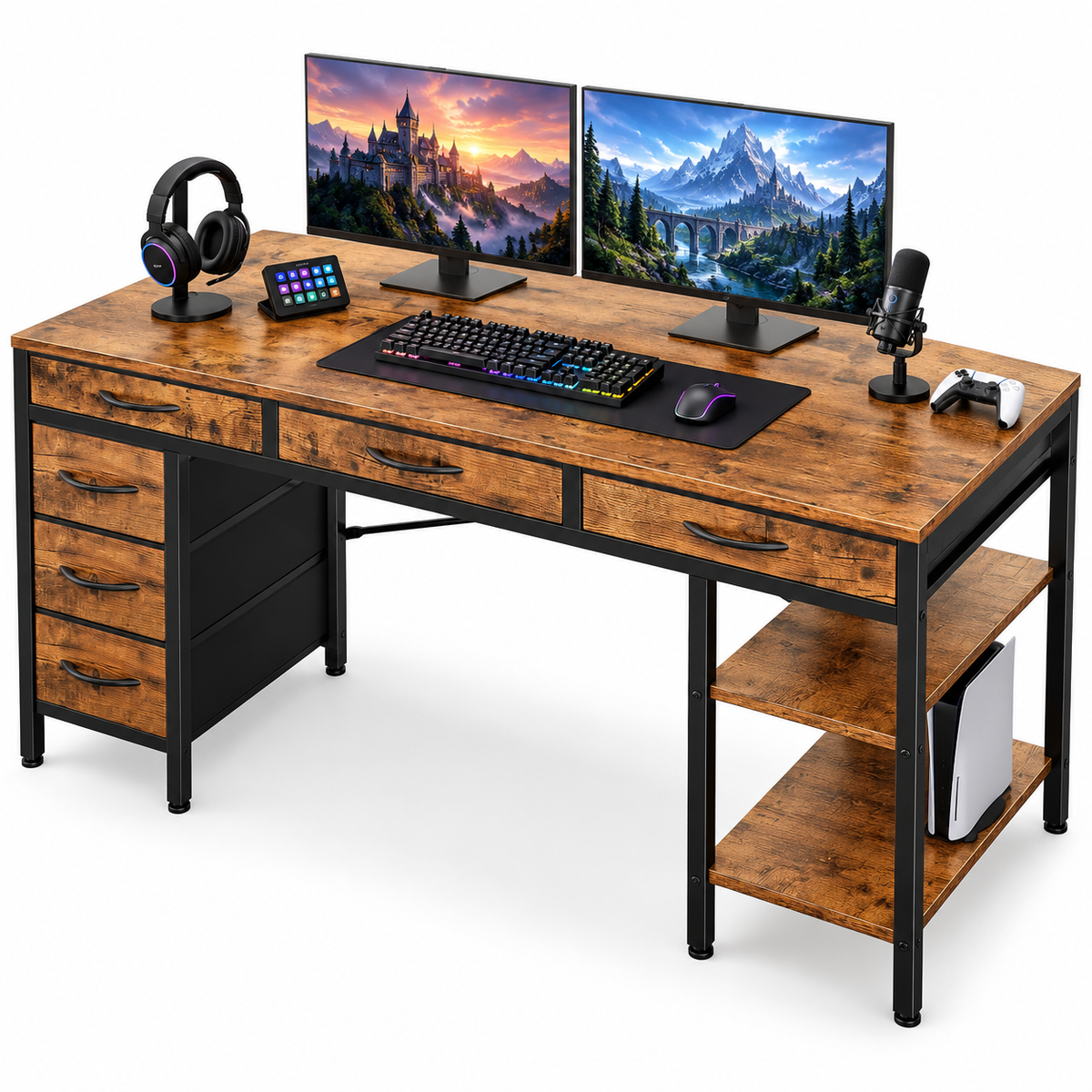 CDC StowStation™ – 55" Computer Desk with 6 Fabric Drawers &amp; Adjustable Shelves
