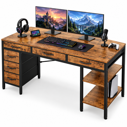CDC StowStation™ – 55" Computer Desk with 6 Fabric Drawers &amp; Adjustable Shelves